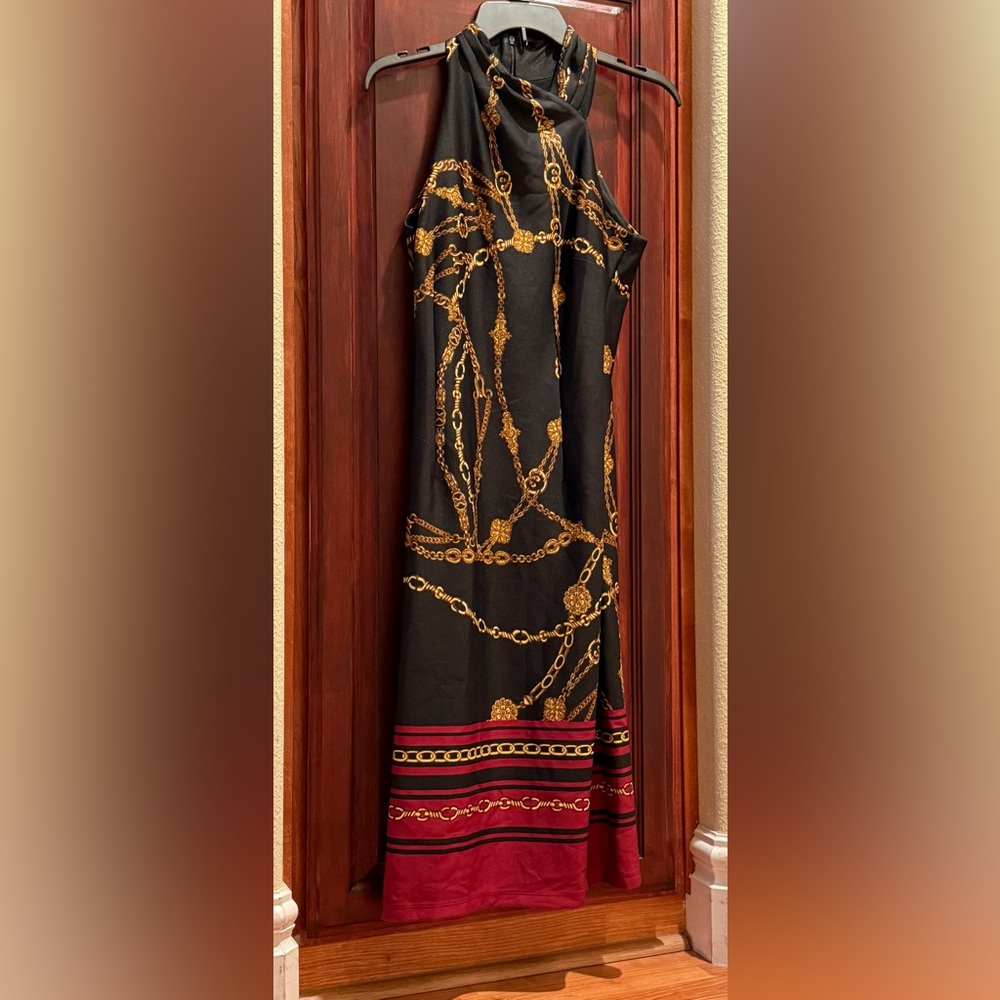 Elegant Black and Gold Chain Print mock neck Midi Dress